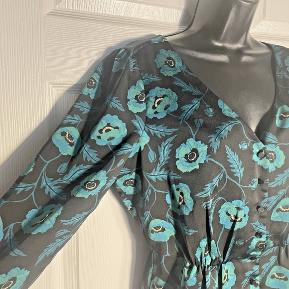 J Crew Shirt Women 6 Black Green Poppies Button Up Bloomcore Blouse Grunge Top - Picture 3 of 14
